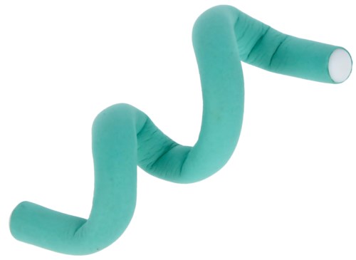 A teal, snake-like tube shaped in a zigzag, made of soft material, with a white inside. It looks playful.