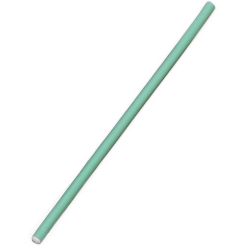 A long, thin, light green straw with a slight bend.