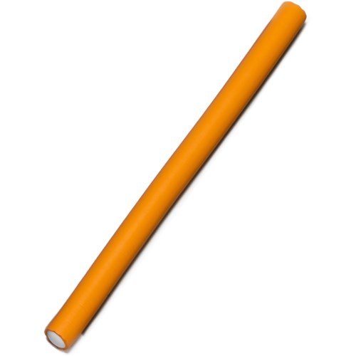 A long, orange pool noodle with one open end. It is soft and flexible, used for swimming or playing.