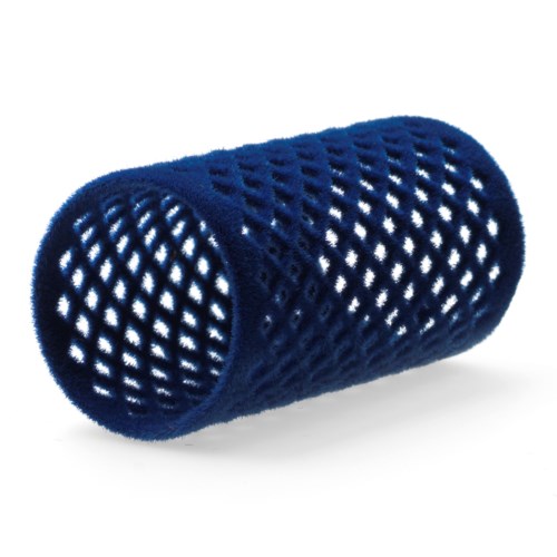 A blue mesh-covered microphone with a cylindrical shape.