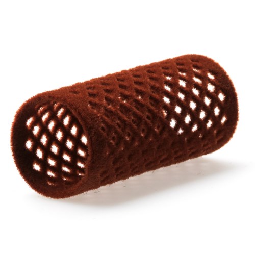 A red foam hair roller with a hollow, grid-like design for styling hair.