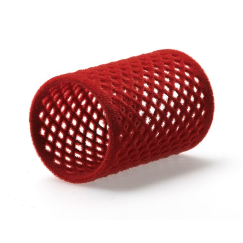A red, cylindrical, mesh hair roller with holes, used to curl hair.
