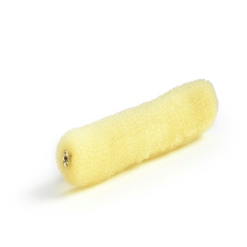 A small yellow foam roller with metal ends, used for painting or applying makeup.