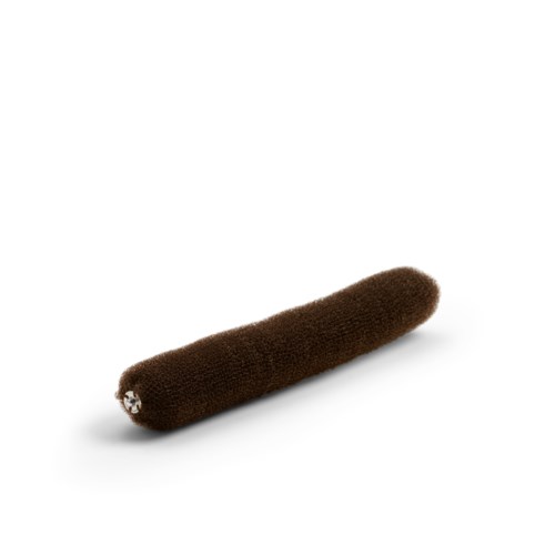 A brown fabric-covered object with a slightly rounded end, lying on a white background.