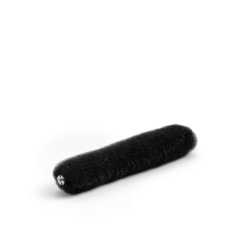 A black paint roller with a handle, lying on a white surface.