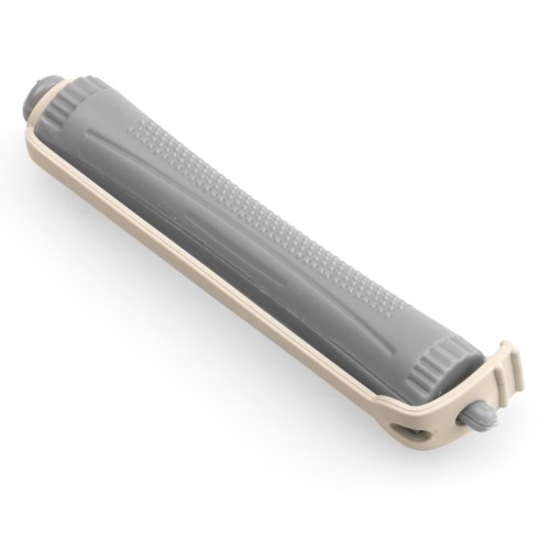 A gray and beige water filter with a textured grip and a spout at one end.