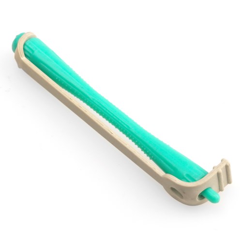 A mold for making ice, with a flexible, teal-colored section and a handle on one end.