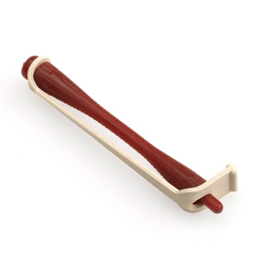 A candy cane with red and white stripes, curved at the top, lying on a white background.