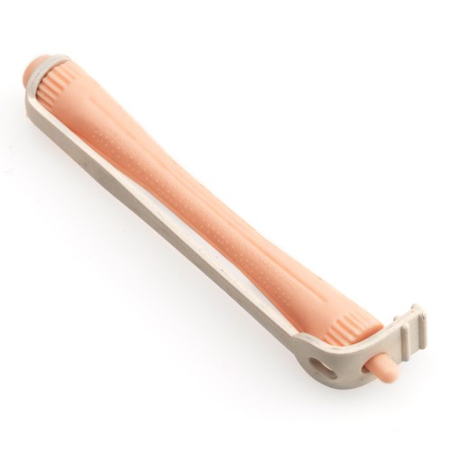 A pink and white safety razor with a handle and a blade cover, designed for shaving.