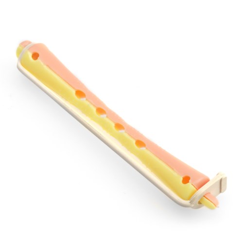A plastic toy with holes, shaped like a long, curved strip with bright colors and a small end.