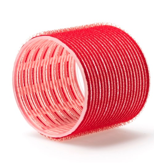 Een rode en roze haarroller voor het stylen van haar.