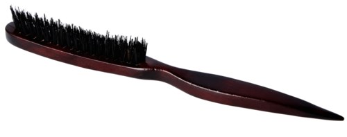 A brown-handled hairbrush with black bristles, positioned on a white background.