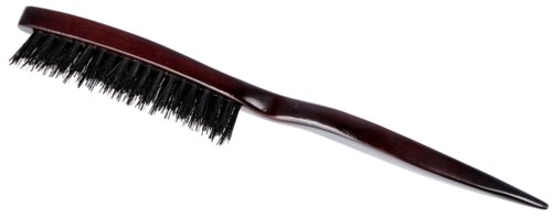 A long, thin grooming brush with a wooden handle and black bristles. It is used for hair or scalp grooming.