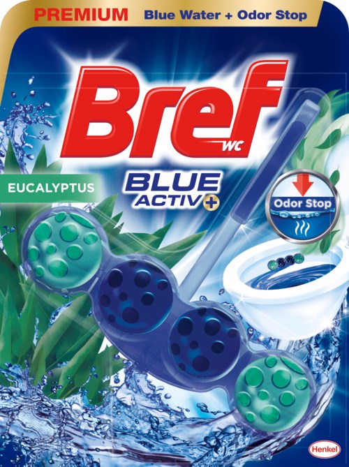 A toilet bowl cleaning tablet package with blue and green balls, water splash graphics, and a label saying "Blue Water + Odor Stop."