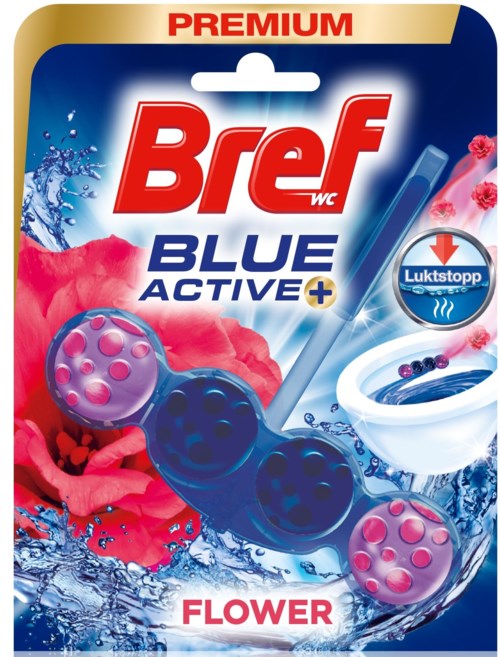 Package of Bref Blue Active+ toilet cleaner with flower scent, features a brush and water splash design, emphasizes freshness.
