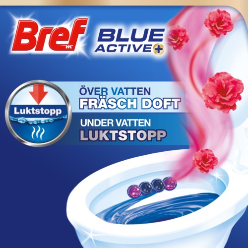 A packaging design for Bref WC Blue Active+ toilet deodorizer with water and smell stop features, showing a toilet and flowers.