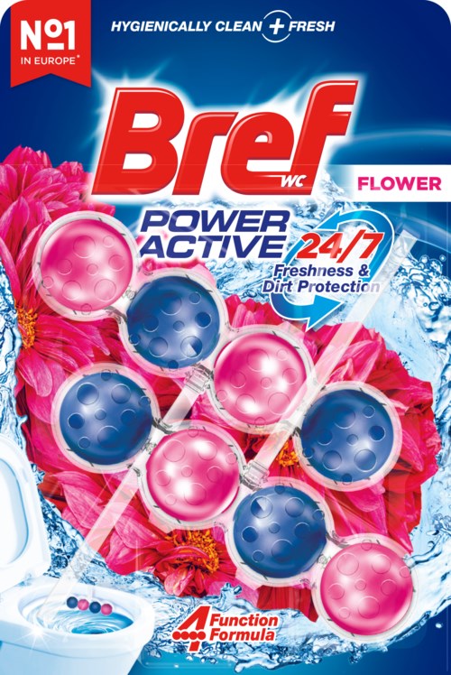 Laundry tablets with pink and blue spheres, set among pink flowers, labeled as fresh and dirt protection.