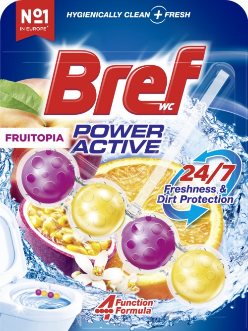 Bathroom cleaner with lemon scent, providing 24/7 freshness and dirt protection, featuring four cleaning functions.