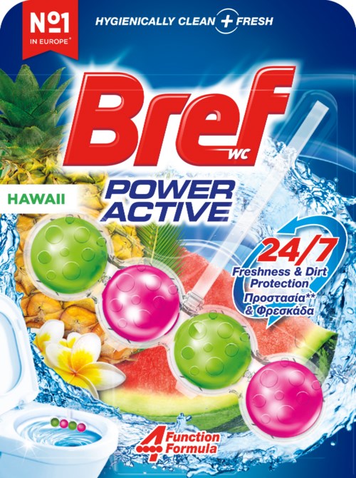 A packaging design for Bref WC Power Active toilet tablets showing colorful tablets, water, fruits, and floral elements.