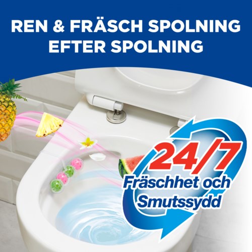 Cleaning and freshening toilet after flushing, with 24/7 protection against dirt and odors.