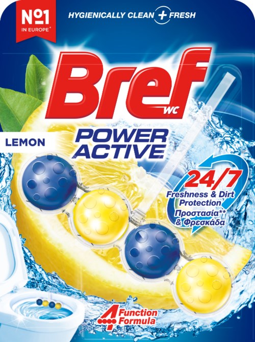 The image shows a cleaning product box with lemon flavor, blue and yellow balls, and water splash for freshness.