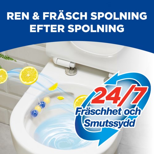 Cleaning and freshening toilet after flushing, with lemon slices and cleaning icons, 24/7 protection, hygiene focus.