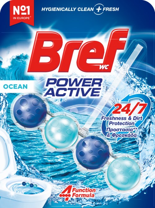 A toilet bowl and blue and white cleaning tablets with the brand 'Bref' for bathroom cleaning. Celebrates 24/7 freshness and dirt protection.
