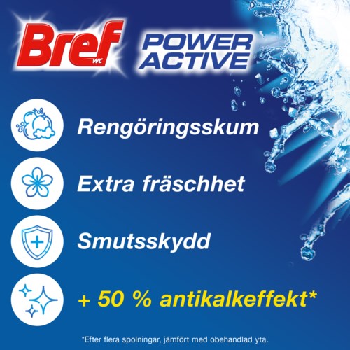 BreF Power Active logo highlights dirt removal, freshness, protection, and extra antibacterial effect in cleaning foam.