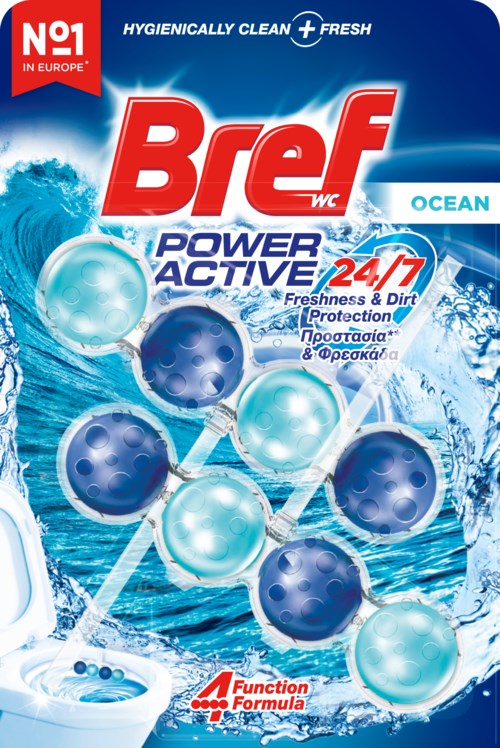 A cleaning product package with blue and white design, shows cleaning tablets, highlighting freshness, dirt protection, and active power.