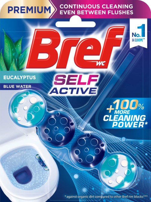 Förpackning av Bref WC Self Active toalettstädblock med eukalyptussmak och blå vattenfärg, visar fyra blå och vita tabletter.