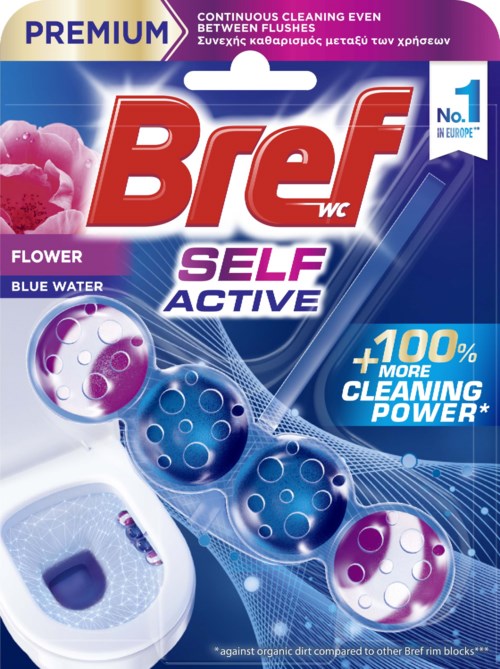 Förpackning med Bref WC Self Active toalettrengöringsblock med blåvattensymbol och blomdoft.