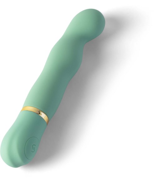 Ein hellgrüner Massager mit goldenem Ring, gebogenem Kopf und kleinem Ein-/Ausschalter am Boden.