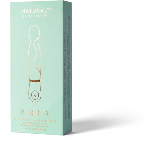 Eine elegante hellgrüne Schachtel mit einer einfachen Linienzeichnung eines Schönheitsgeräts, beschriftet mit 'Natural Glow' und 'BRIA' mit Produktdetails.