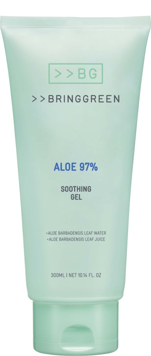 Grön tub med aloe lugnande gel med text om aloe 97% och ingredienser.