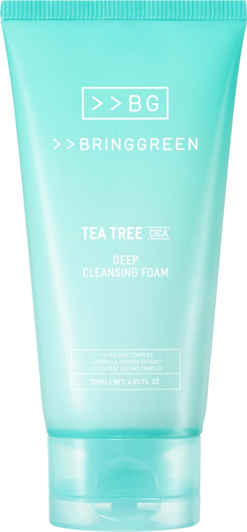 Ljusblå tub med BringGreen Tea Tree Deep Cleansing Foam med vit text.