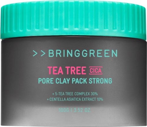 Grön förpackning med svart etikett för Bring Green Tea Tree Cica pore clay mask och grönt lock.