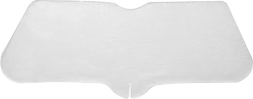 En vit, halvcirkelrund plast- eller pappersbricka med en rundad kant och en liten öppning i mitten.