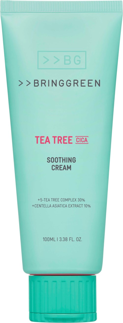 En tub Bring Green Tea Tree Calming Cream med turkost lock, med produktnamn och ingredienser listade.