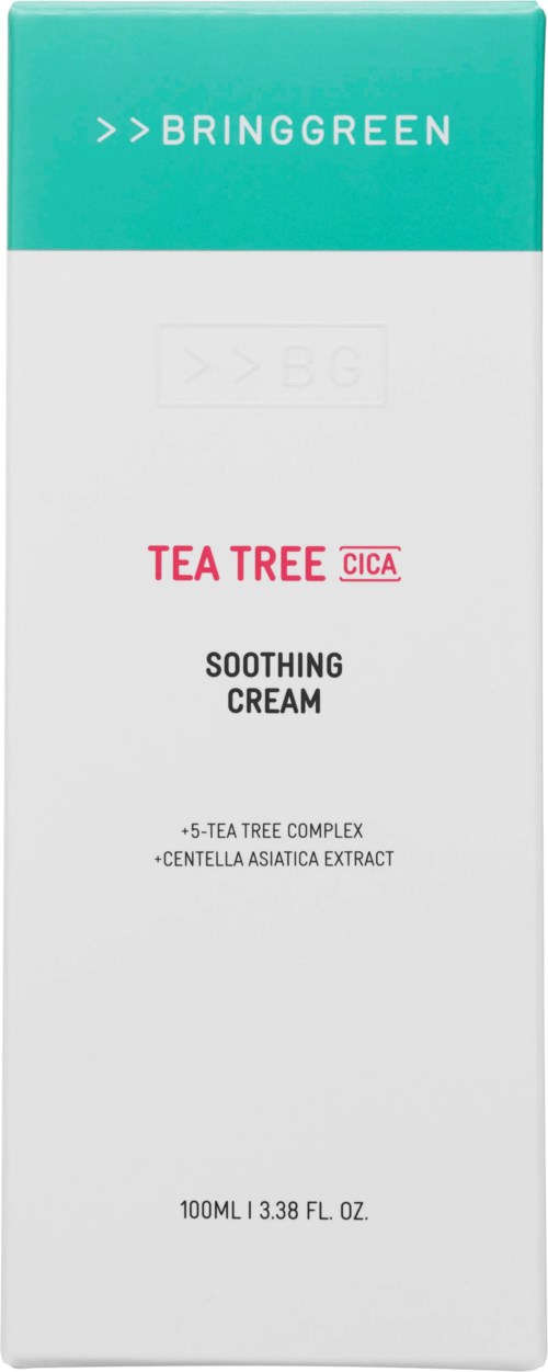 Bringgreen Tea Tree lugnande krämförpackning som visar produktnamn, beskrivning och storlek.