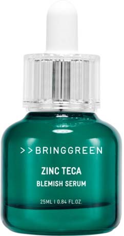 Zinc Teca Blemish Serum i en grön glasflaska med vit dropperkork.