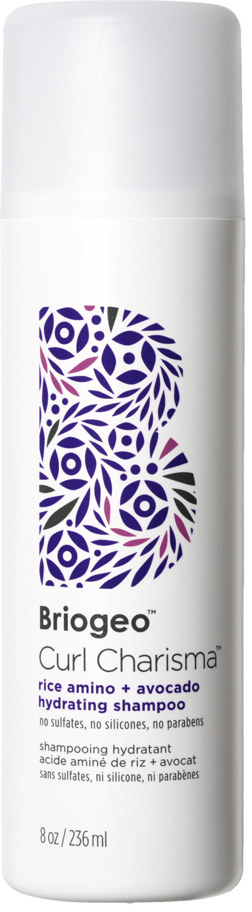 Een witte fles Briogeo Curl Charisma hydraterende shampoo met paarse en blauwe bloemendecoratie. Beschrijft ingrediënten en grootte.