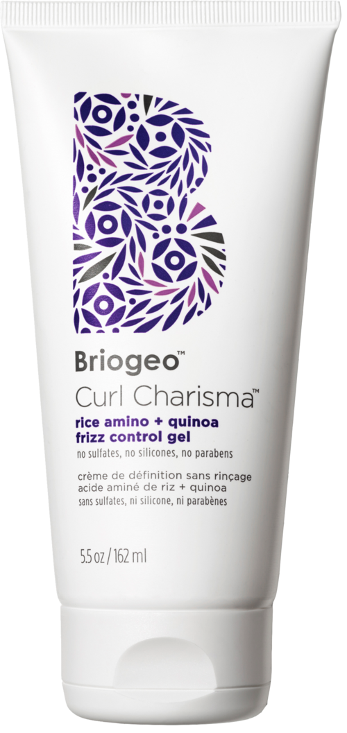 Witte tube met paarse en zwarte afbeelding, zegt Briogeo Curl Charisma, voor haar gel met rijst amino en quinoa.