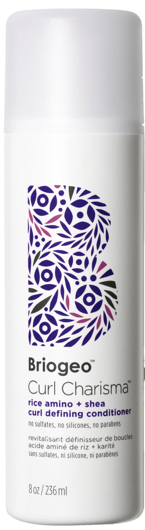 Een witte fles Briogeo Curl Charisma conditioner met paars en groen bladerenpatroon op label.