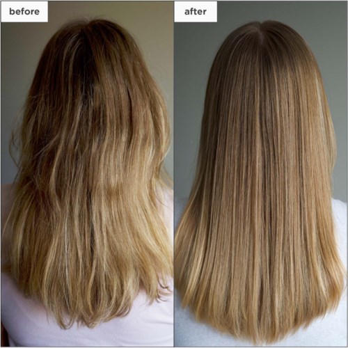 De afbeelding toont een haartransformatie, met pluizig en rommelig haar links en glad en recht haar rechts.
