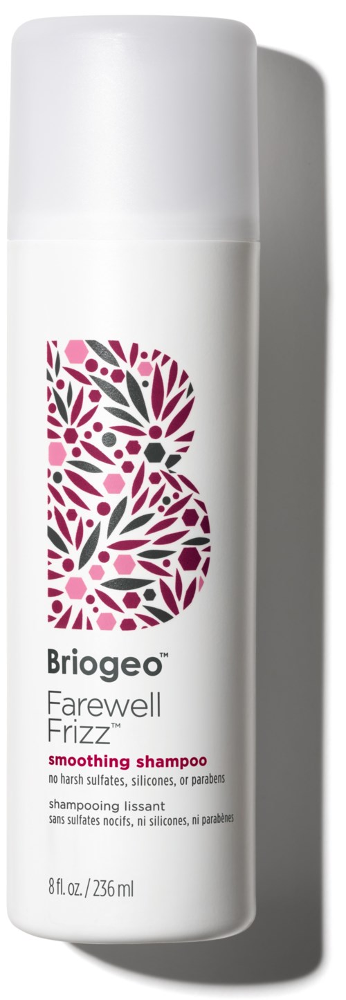 Een witte fles Briogeo Farewell Frizz verzachtende shampoo met een roze en zwarte ontwerp.