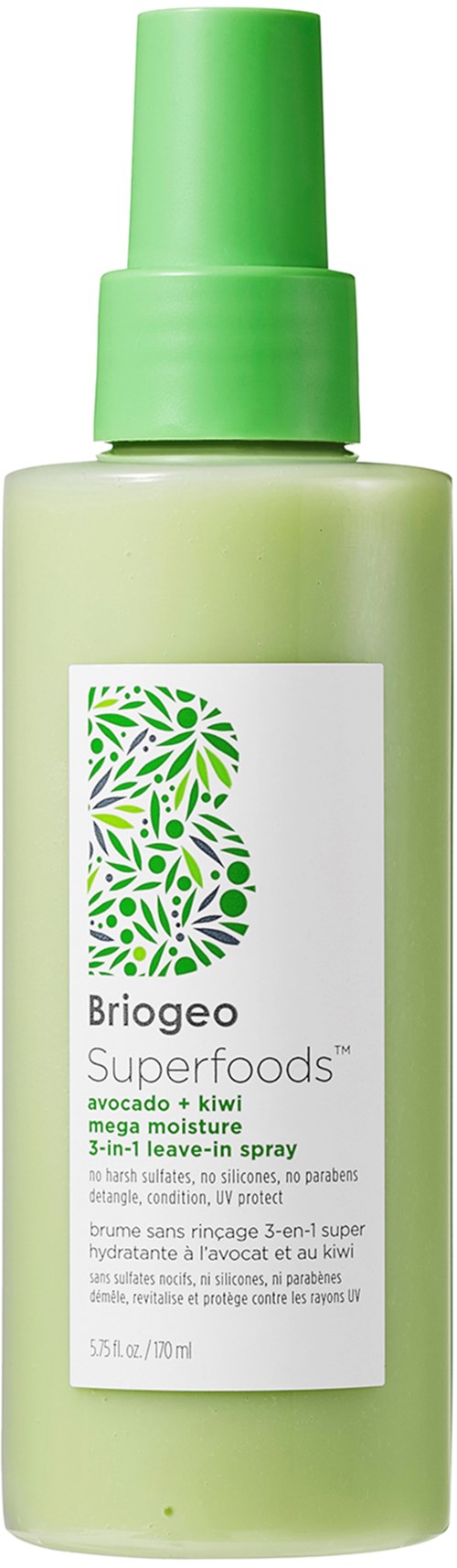 Groene sprayspuitflacon met witte label en groene dop, bevat hydraterende spray met avocado en kiwi.