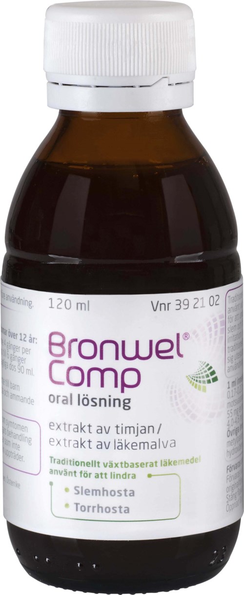 A small brown medicine bottle with a white cap and a white label describing herbal extracts for cough relief.