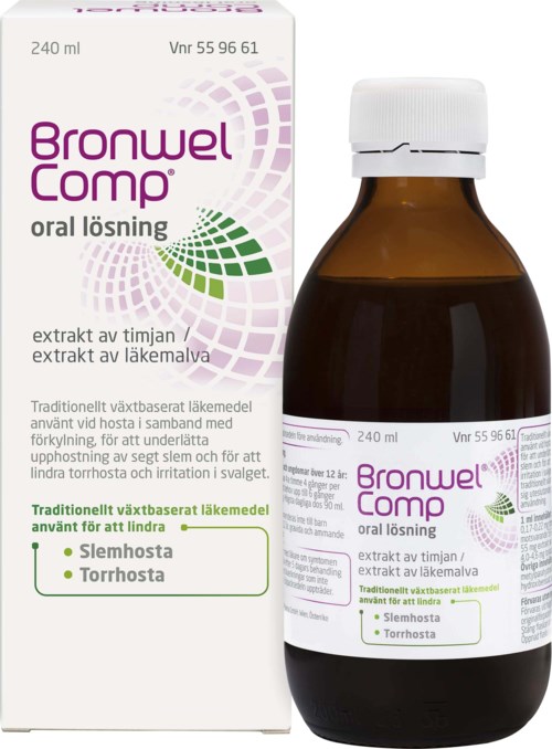 Bronwel Comp is a herbal medicine for sore throat and cough, in a brown bottle with a white cap, and a box.