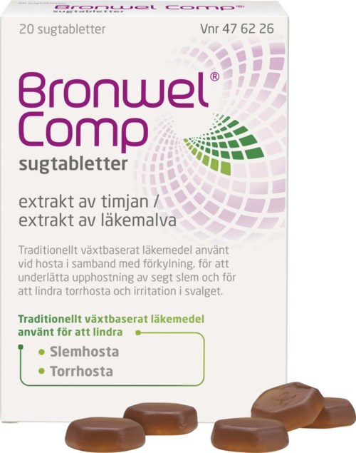 The package displays purple and green text, with five chocolate tablets at the bottom, and info about a cough remedy.