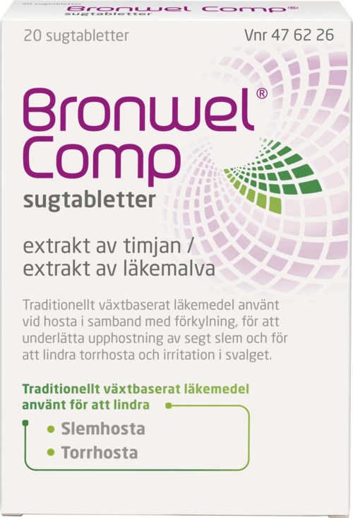 A box of herbal medicine tablets named Bronwel Comp, used for cough relief, features Swedish text and a purple and green design.